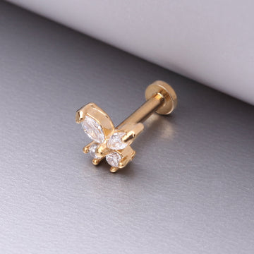 Detail View 1 of Golden Butterfly Sparkle Prong Set Top Internally Threaded Steel Flat Back Stud Labret-Clear Gem